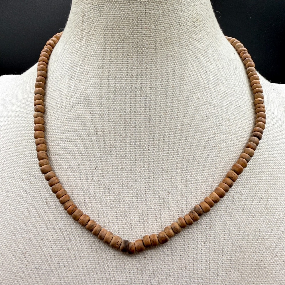 Brown Wood Heishi Bead Necklace Natural Coconut Disc Boho Minimalist Vintage